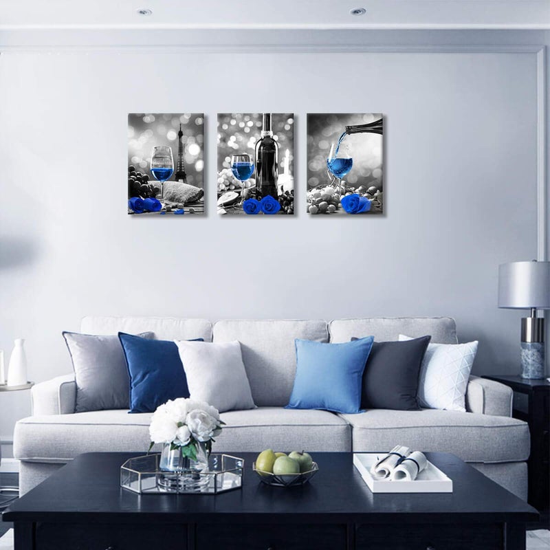 KAKEMONO Wine Rose Artwork for Home Walls - Black and White With Blue Wine Painting - Dining Room Decor - Blue Kitchen Pictures - Wall Decor - Stretched 12x16inches x3 - Image 4